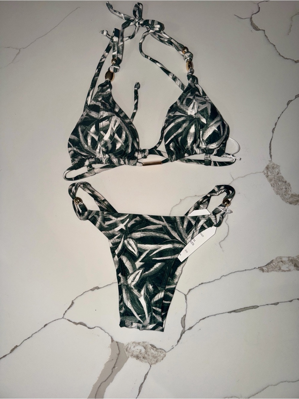 Dark Geeen & White Leaf Print Triangle Bikini Set NWT